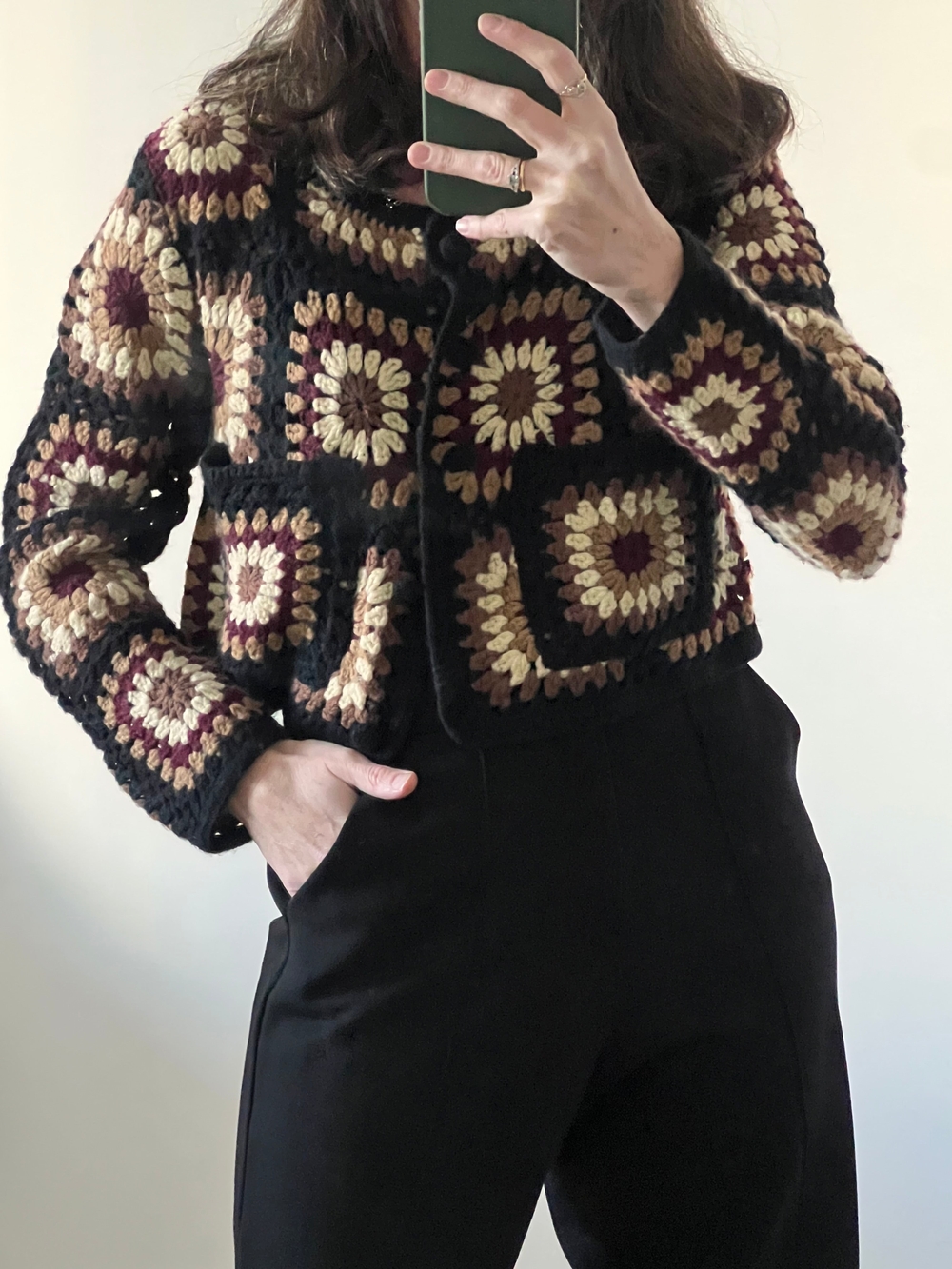 ZARA Floral Granny Square Crochet Patchwork Cropped Cardigan Sweater - Small